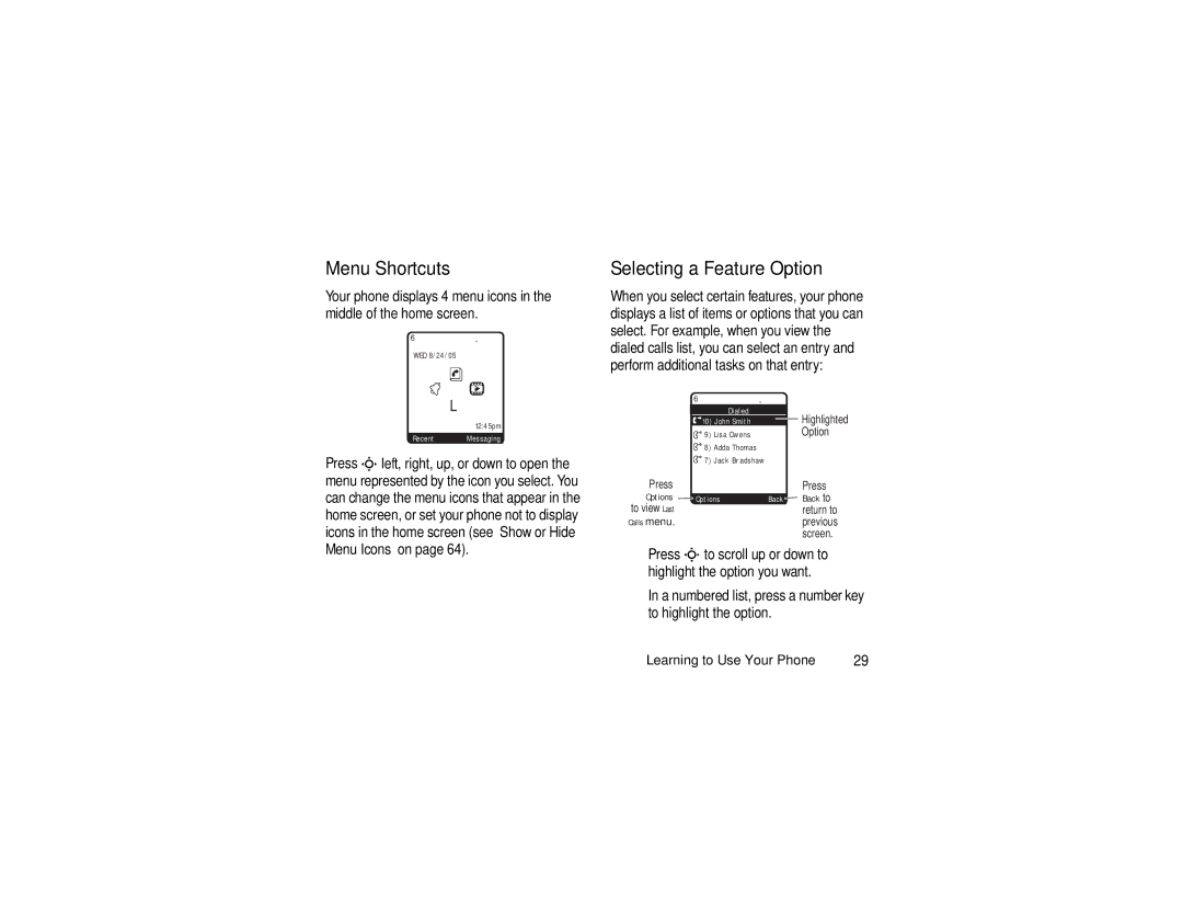 Motorola V3c manual Menu Shortcuts, Selecting a Feature Option 