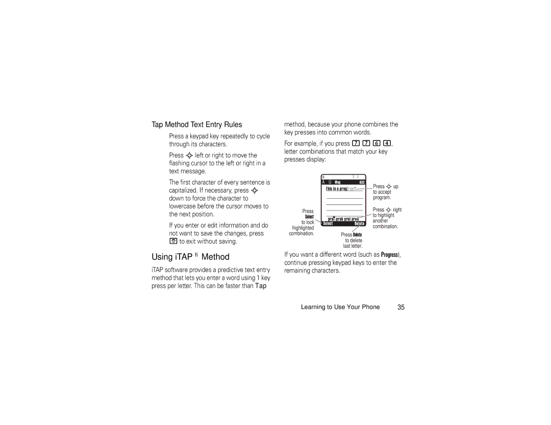 Motorola V3c manual Using iTAP Method, Tap Method Text Entry Rules 