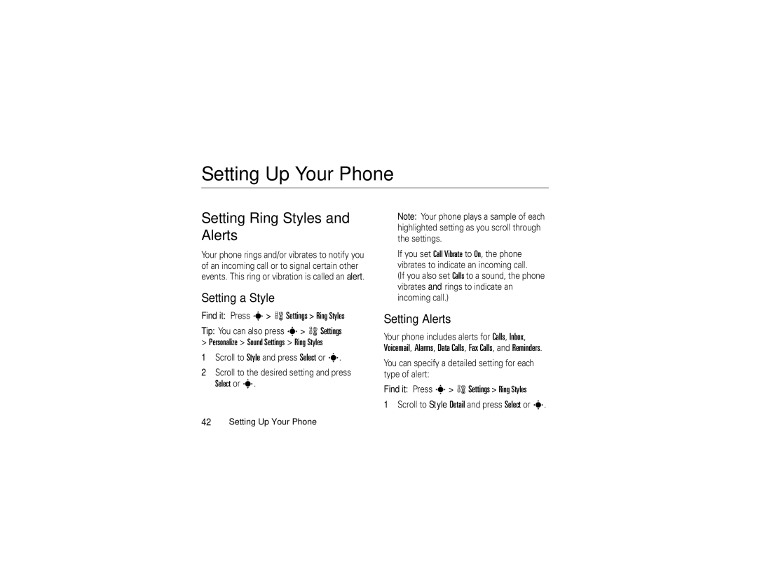 Motorola V3c manual Setting Up Your Phone, Setting Ring Styles and Alerts, Setting a Style, Setting Alerts 