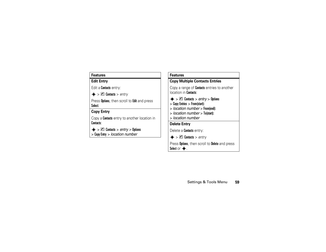 Motorola V3c manual Contacts entry Options Copy Entries Fromstart 