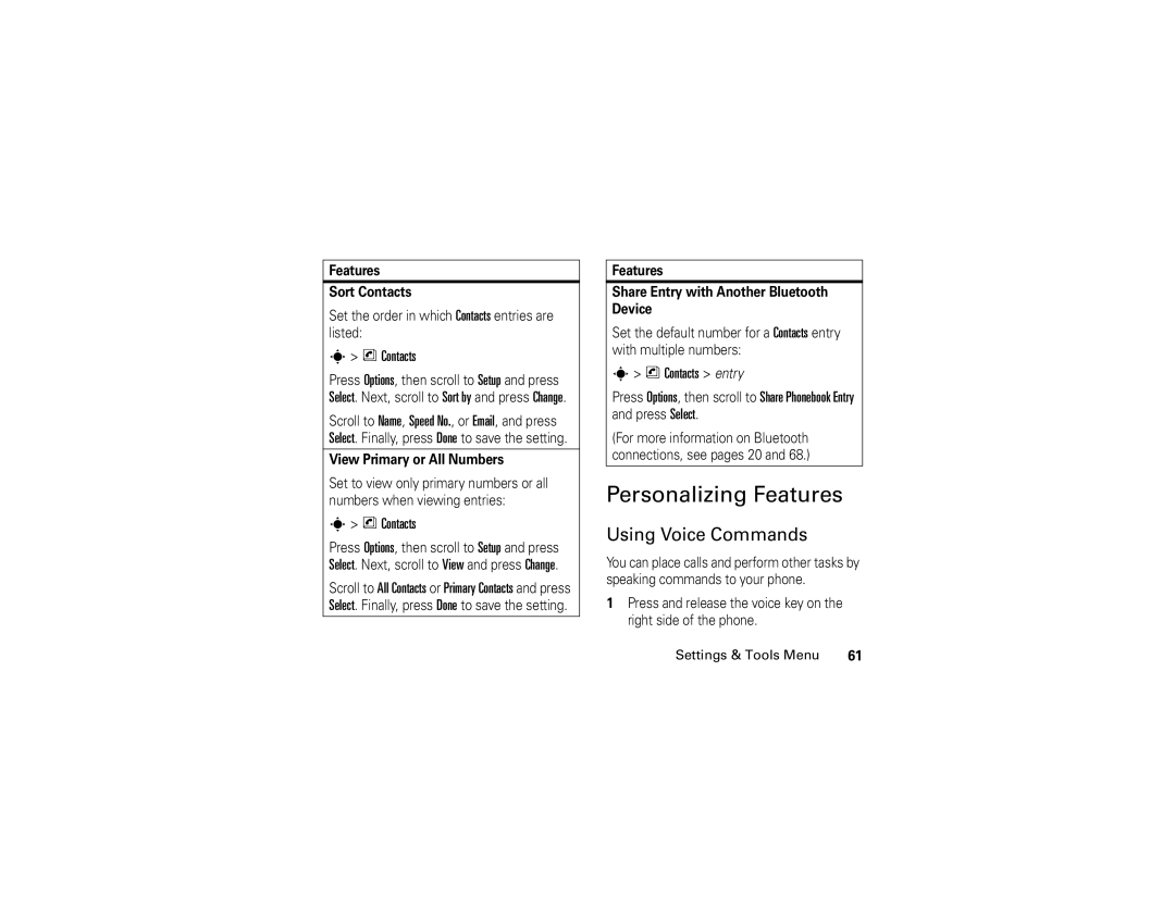 Motorola V3c manual Personalizing Features, Using Voice Commands, Features Sort Contacts, View Primary or All Numbers 