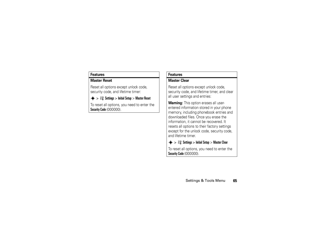 Motorola V3c manual Settings Initial Setup Master Reset, Settings Initial Setup Master Clear, Features Master Reset 