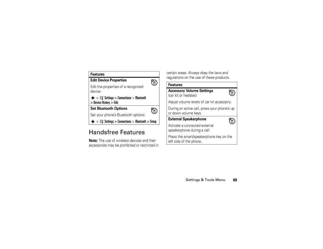 Motorola V3c manual Handsfree Features, Features Edit Device Properties, Set Bluetooth Options, External Speakerphone 