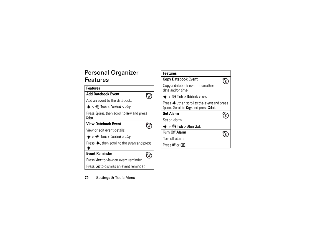 Motorola V3c manual Personal Organizer Features, Tools Datebook day, Tools Alarm Clock 