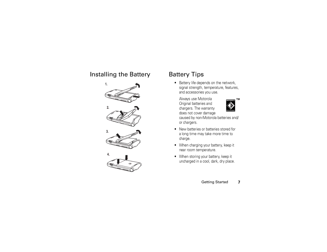 Motorola V3c manual Installing the Battery Battery Tips 