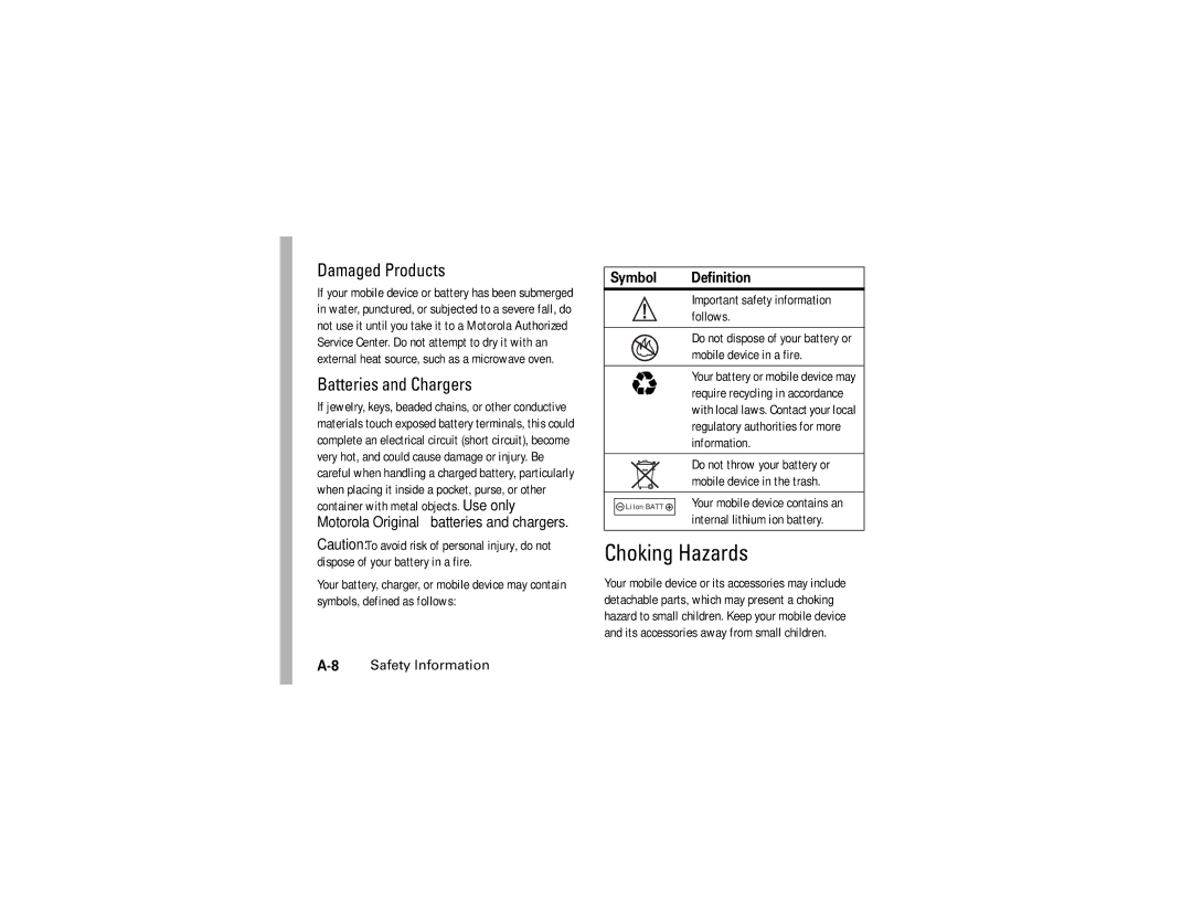 Motorola V3c manual Symbol Definition, Follows, Mobile device in a fire 