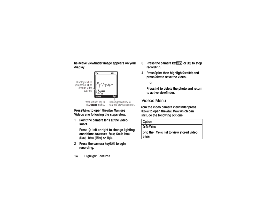 Motorola V3c manual Videos Menu, Go To Videos, Option 