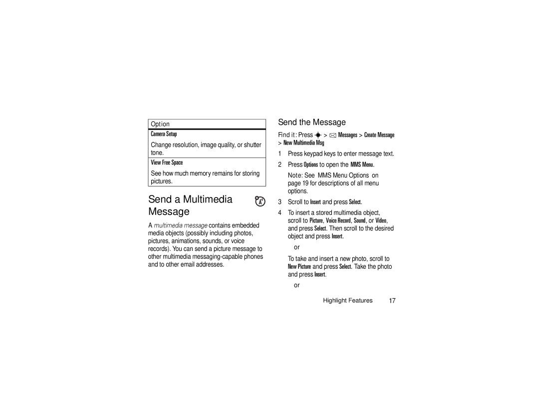 Motorola V3c manual Send a Multimedia Message, Send the Message, Camera Setup, New Multimedia Msg 