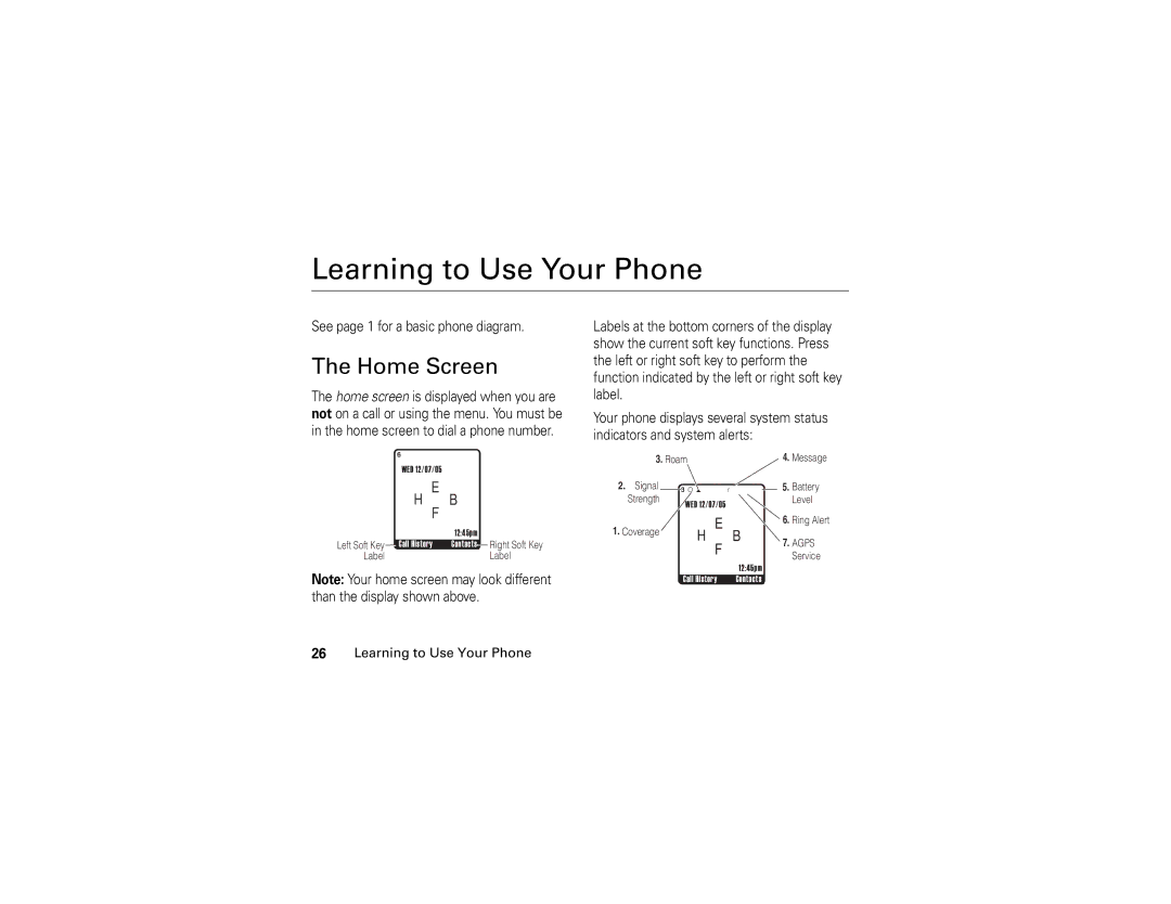 Motorola V3c manual Learning to Use Your Phone, Home Screen, See page 1 for a basic phone diagram 