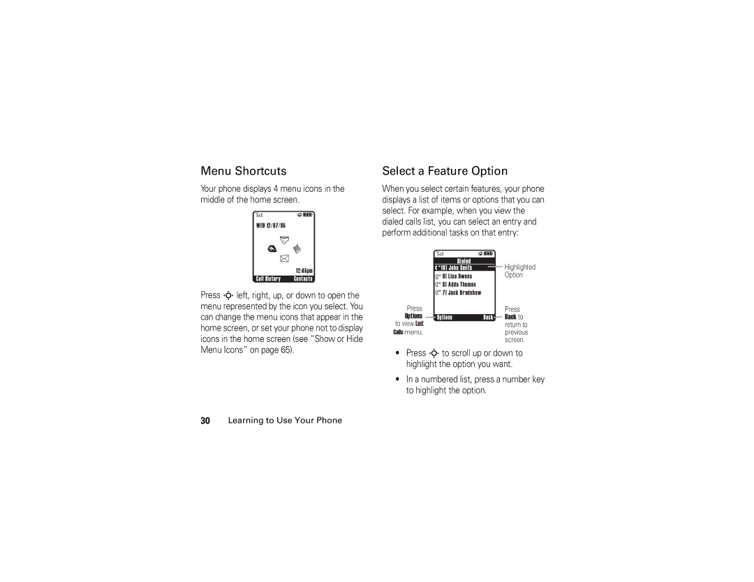 Motorola V3c manual Menu Shortcuts, Select a Feature Option 