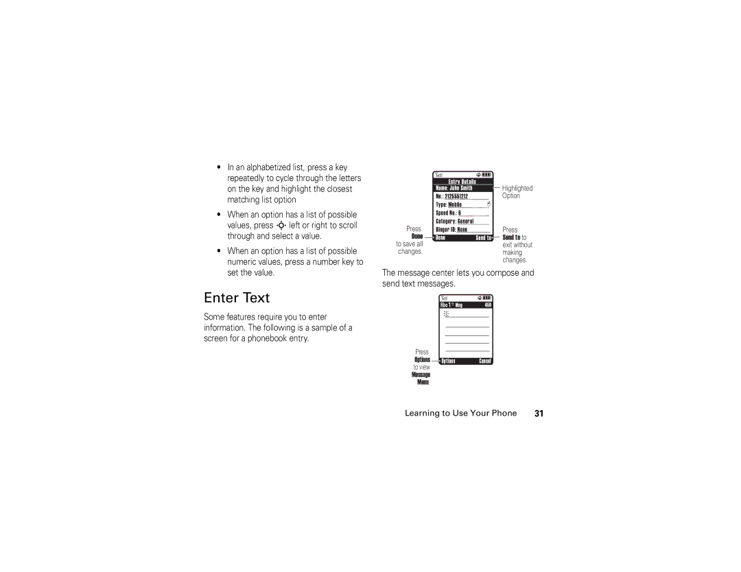 Motorola V3c manual Enter Text, Message center lets you compose and send text messages 