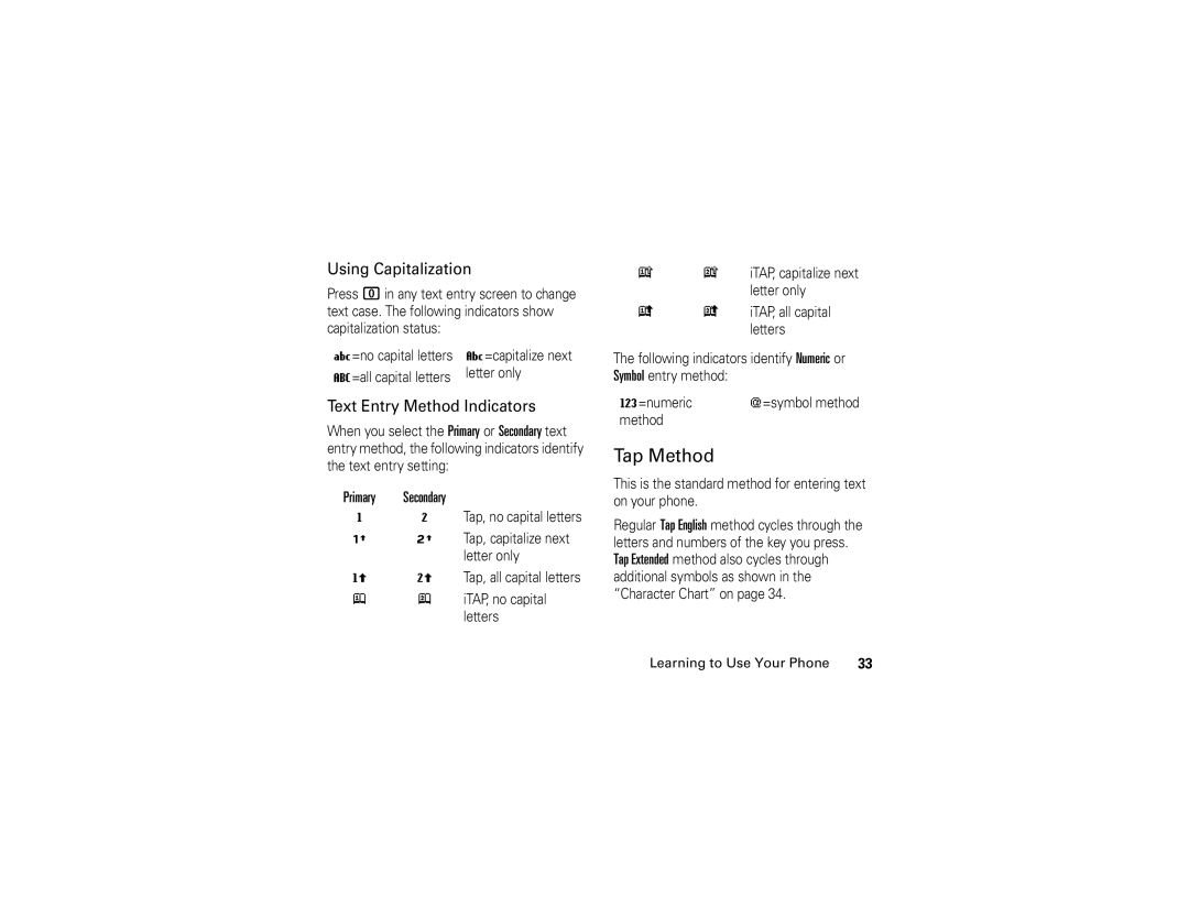 Motorola V3c manual Tap Method, Primary Secondary, This is the standard method for entering text on your phone 