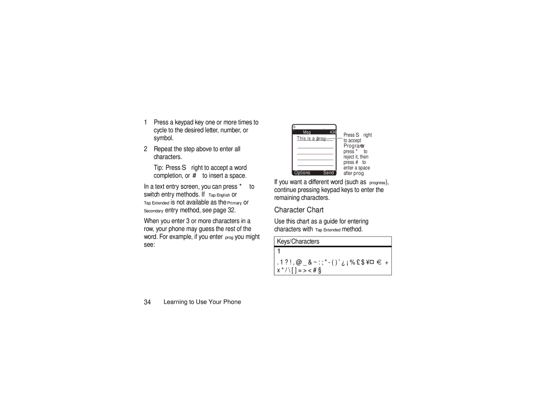 Motorola V3c manual Character Chart, Keys/Characters 