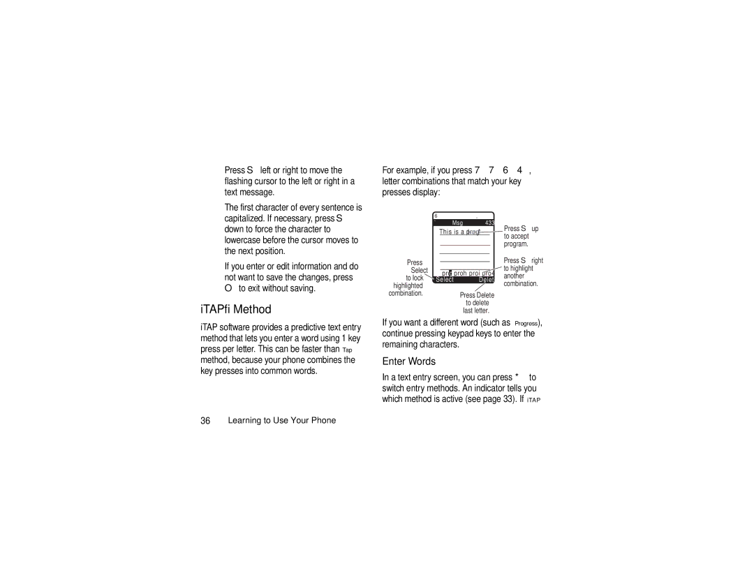 Motorola V3c manual ITAP Method, Enter Words 