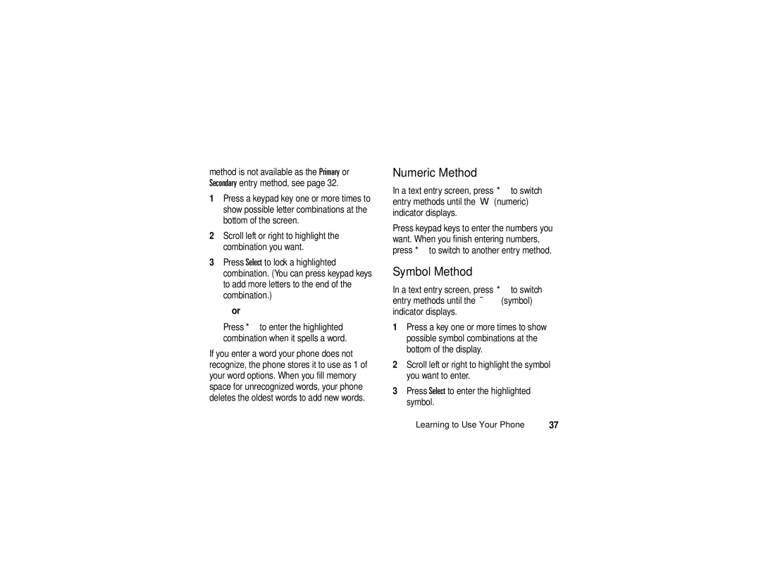 Motorola V3c manual Numeric Method, Symbol Method 