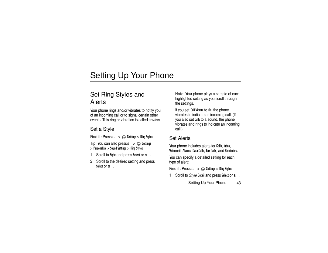 Motorola V3c manual Setting Up Your Phone, Set Ring Styles and Alerts, Set a Style, Set Alerts 