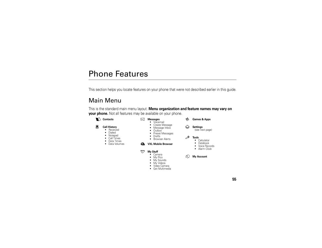 Motorola V3c manual Phone Features, Main Menu 