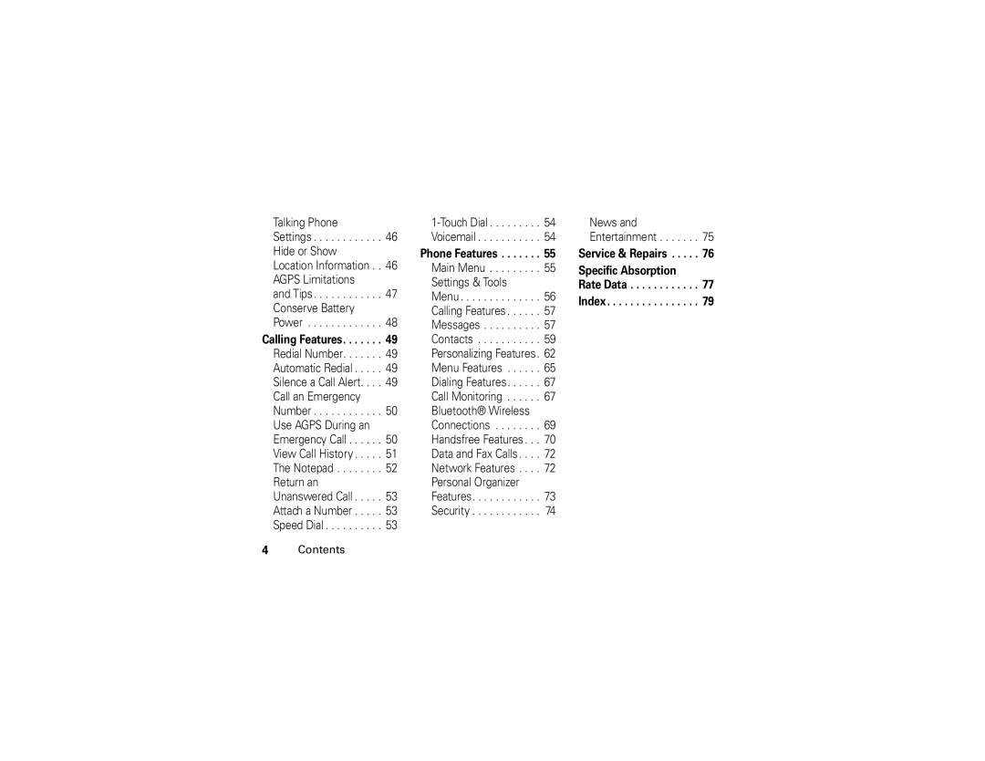 Motorola V3c manual Phone Features, Calling Features, Service & Repairs Specific Absorption Rate Data Index 