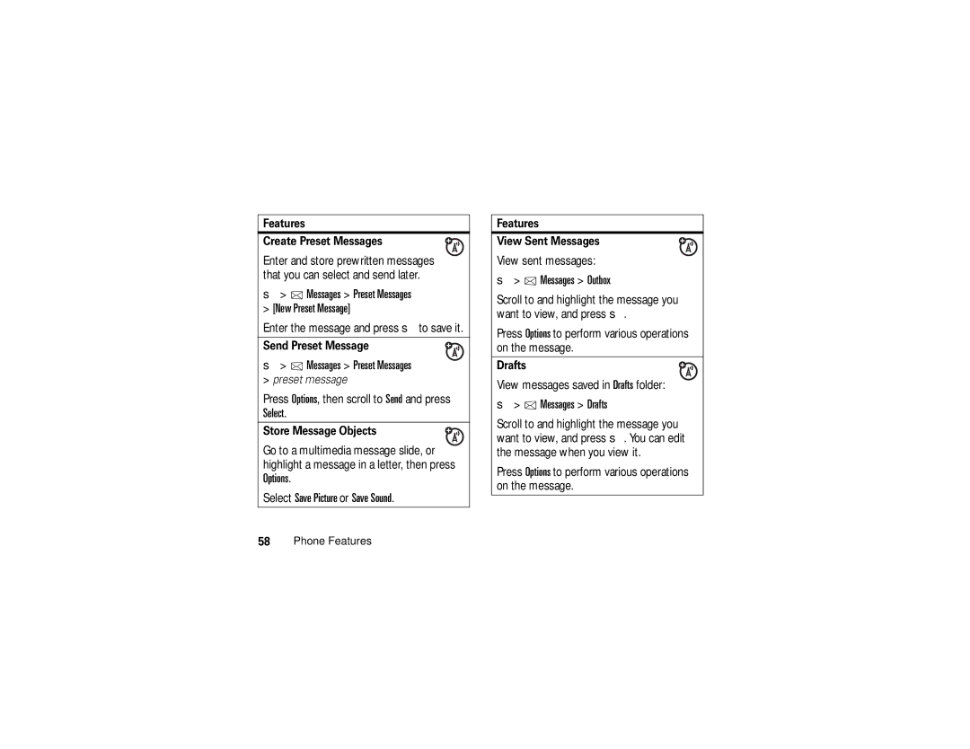 Motorola V3c manual Messages Preset Messages New Preset Message, Select Save Picture or Save Sound, Messages Outbox 