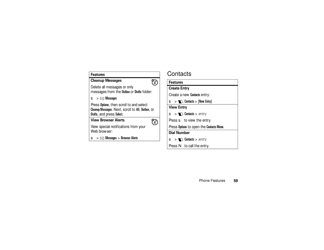 Motorola V3c manual Messages Browser Alerts, Contacts New Entry, Press Options to open the Contacts Menu 