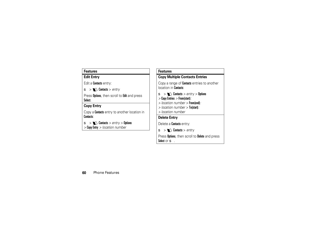 Motorola V3c manual Contacts entry Options Copy Entries Fromstart 