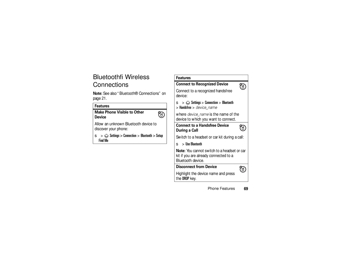 Motorola V3c manual Bluetooth Wireless Connections, Settings Connection Bluetooth Setup Find Me, Use Bluetooth 