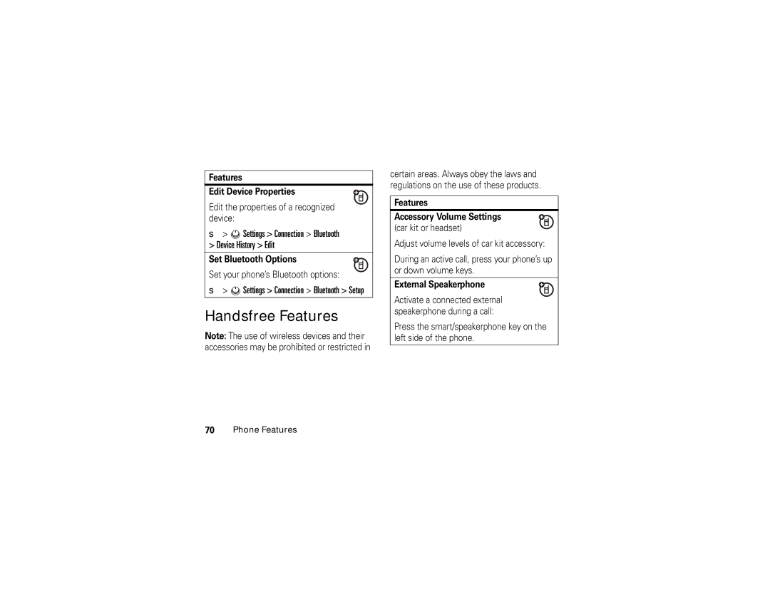 Motorola V3c manual Handsfree Features, Features Edit Device Properties, Set Bluetooth Options, External Speakerphone 