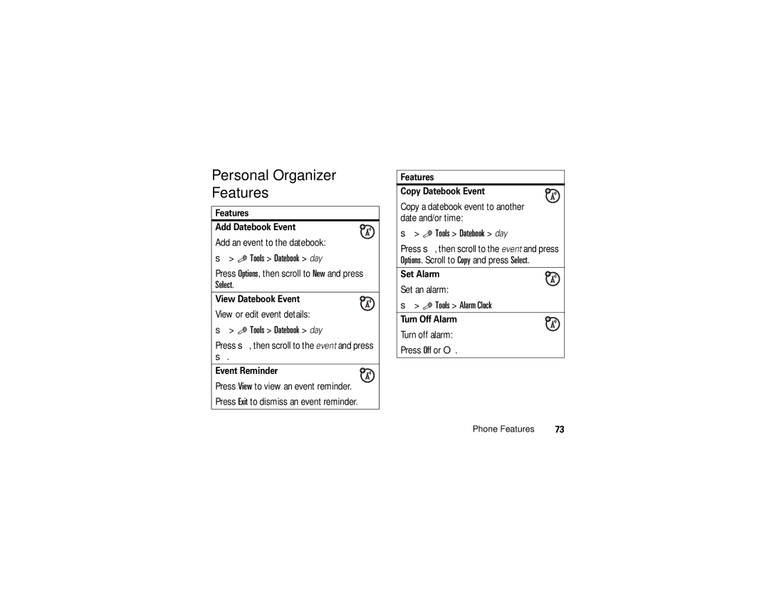 Motorola V3c manual Personal Organizer Features, Tools Datebook day, Tools Alarm Clock 