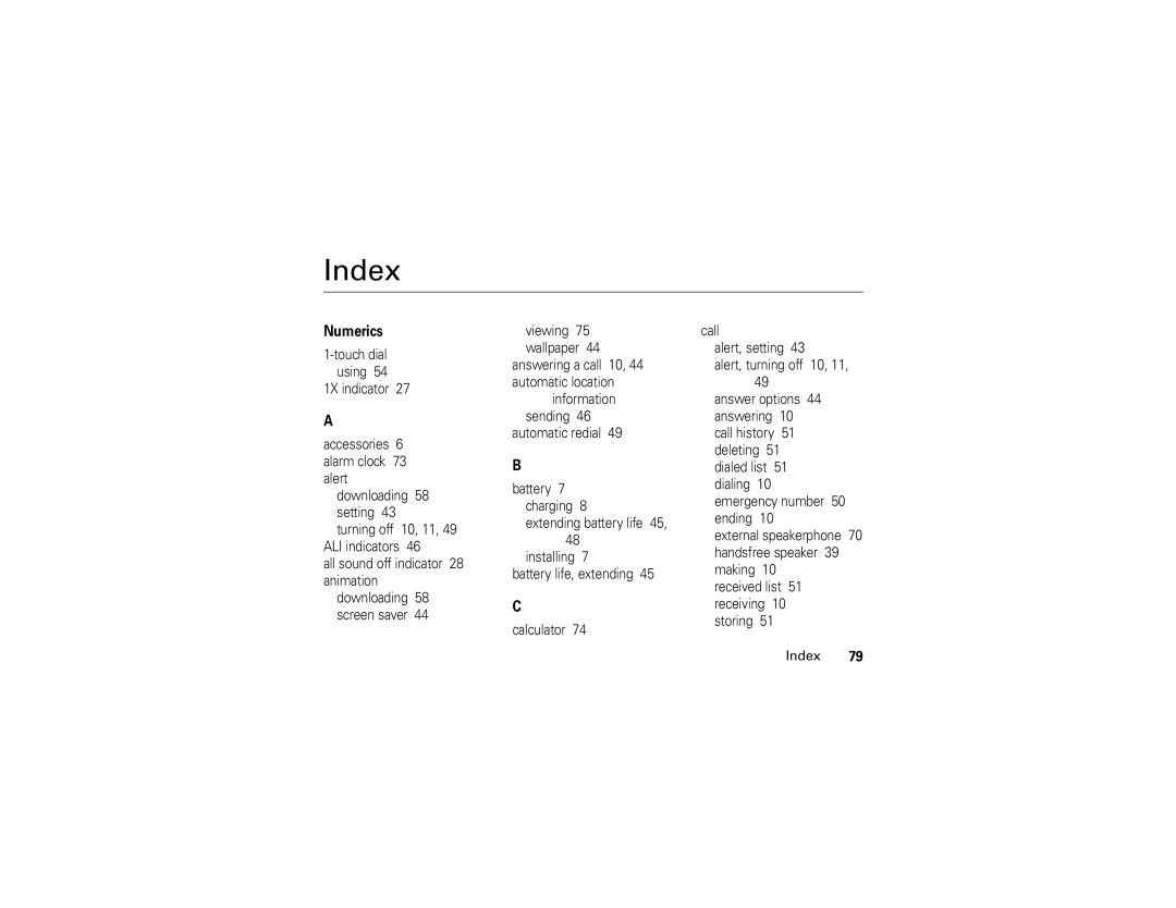 Motorola V3c manual Index, Numerics 