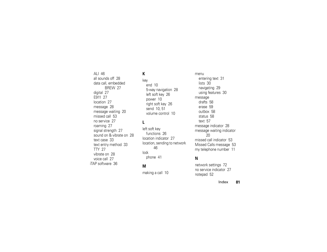 Motorola V3c manual Ali, Lock phone Making a call Menu, Message drafts 58 erase 59 outbox 58 status 58 text 