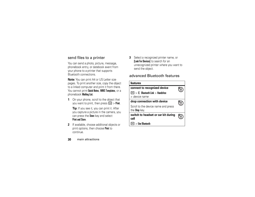 Motorola V3E manual Send files to a printer, Advanced Bluetooth features, Print and Store, Bluetooth Link Handsfree 