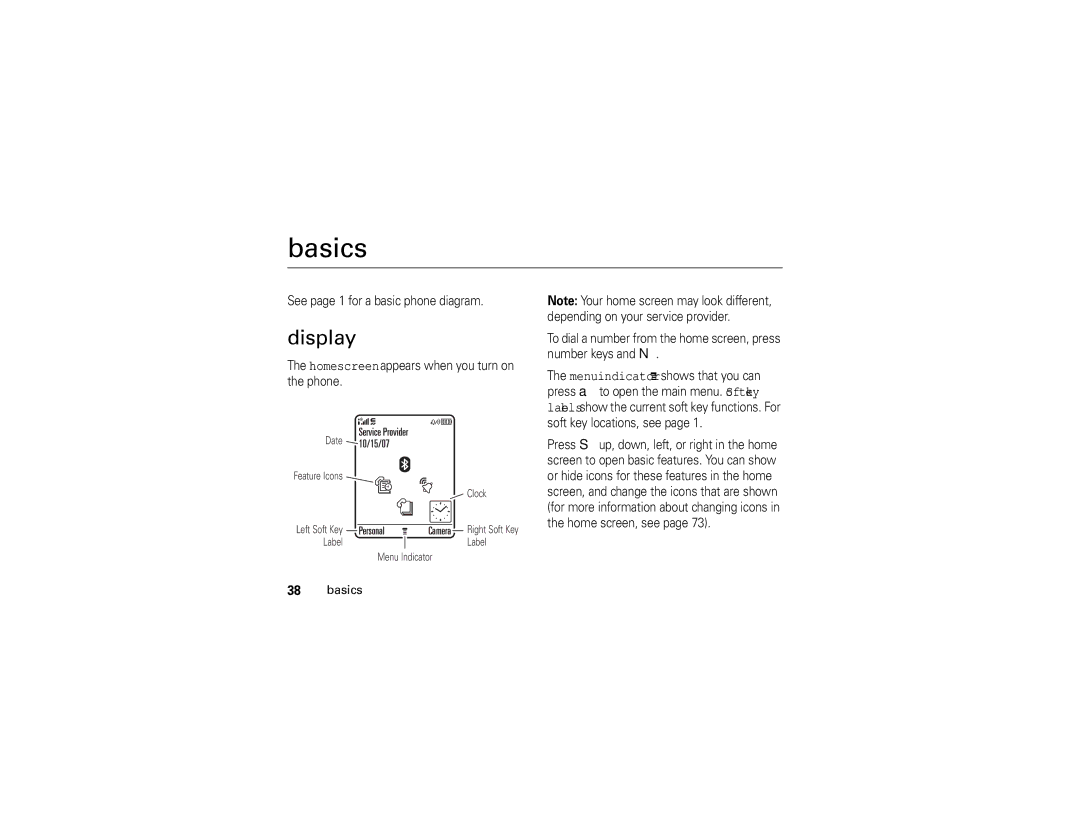 Motorola V3E manual Basics, Display, See page 1 for a basic phone diagram, Home screen appears when you turn on the phone 