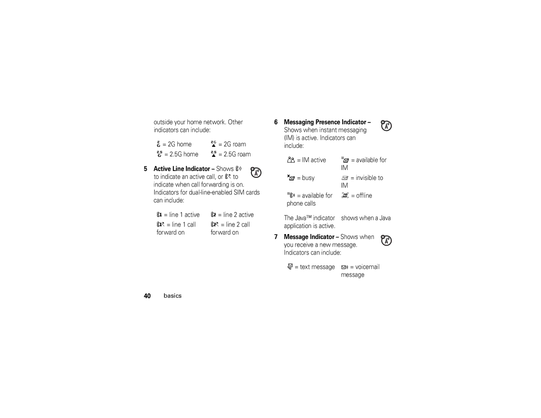 Motorola V3E manual Active Line Indicator Shows ?, Messaging Presence Indicator, Application is active 