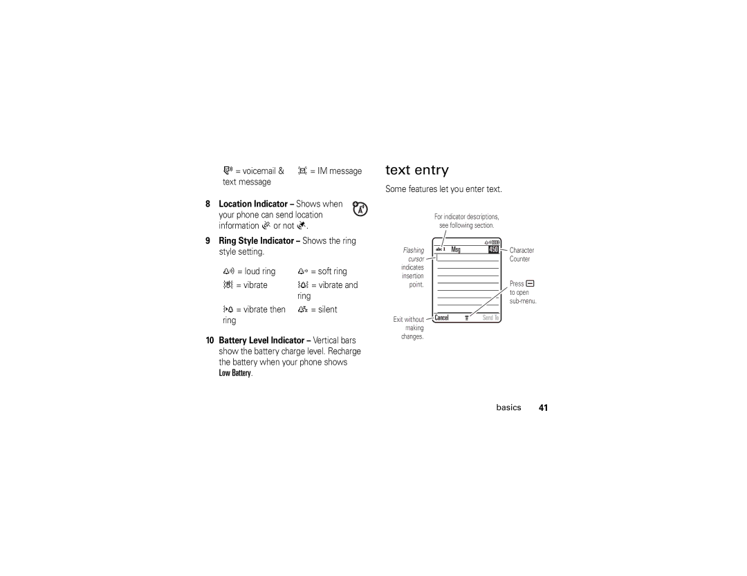 Motorola V3E manual Text entry, = voicemail & d = IM message text message, Battery when your phone shows Low Battery 