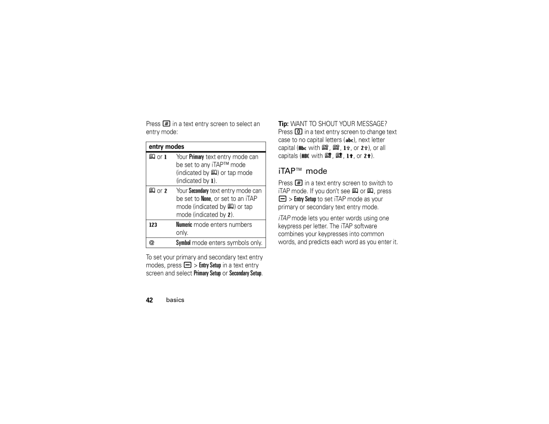 Motorola V3E manual ITAP mode, Press # in a text entry screen to select an entry mode, Entry modes 