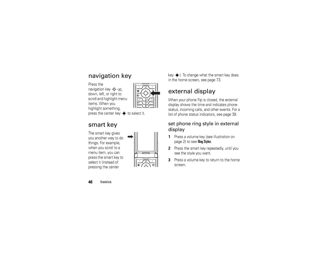 Motorola V3E manual Navigation key, Smart key, External display, Set phone ring style in external display 