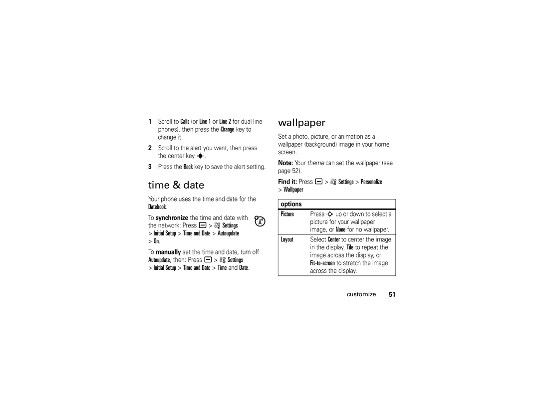 Motorola V3E manual Time & date, Find it Press a w Settings Personalize Wallpaper 