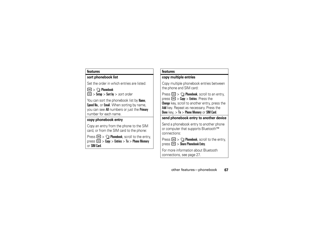 Motorola V3E manual Phonebook Setup Sort by sort order, Features Sort phonebook list, Copy phonebook entry 