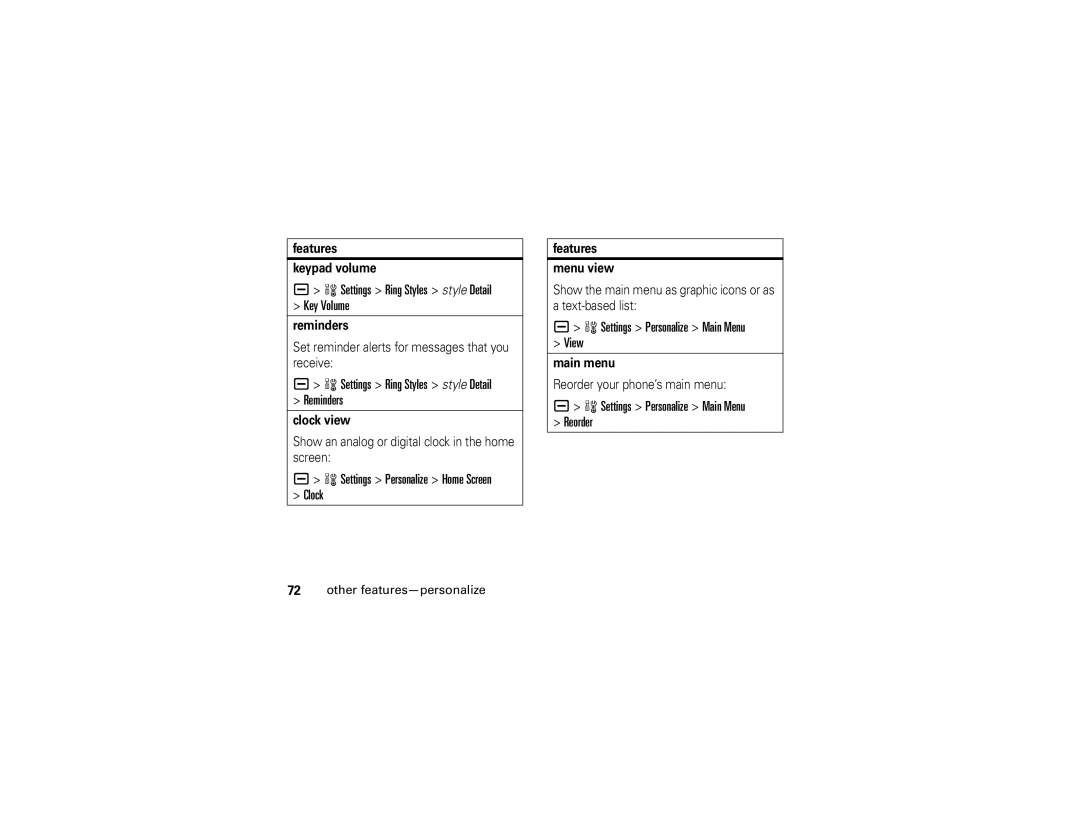 Motorola V3E manual Settings Ring Styles style Detail Key Volume, Settings Ring Styles style Detail Reminders 