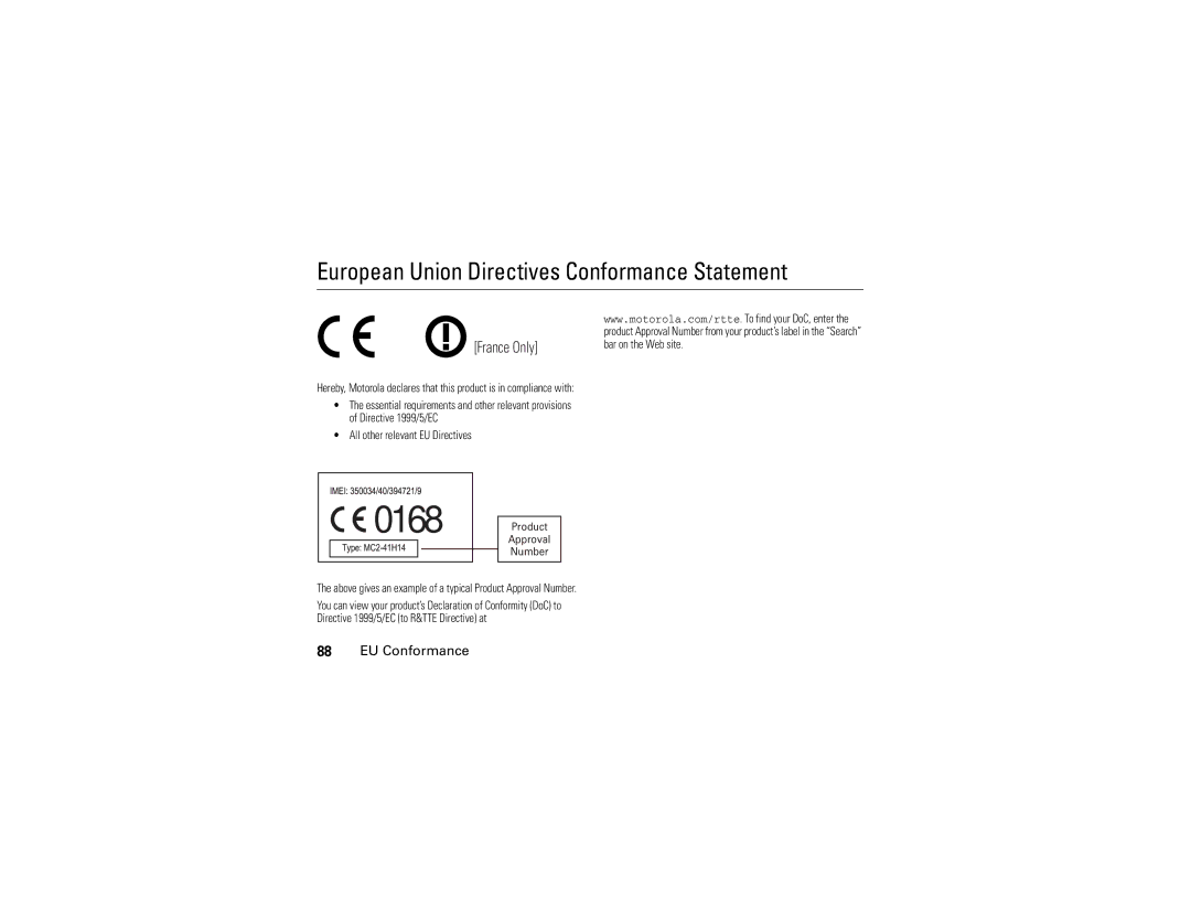 Motorola V3E manual European Union Directives Conformance Statement, France Only, EU Conformance 