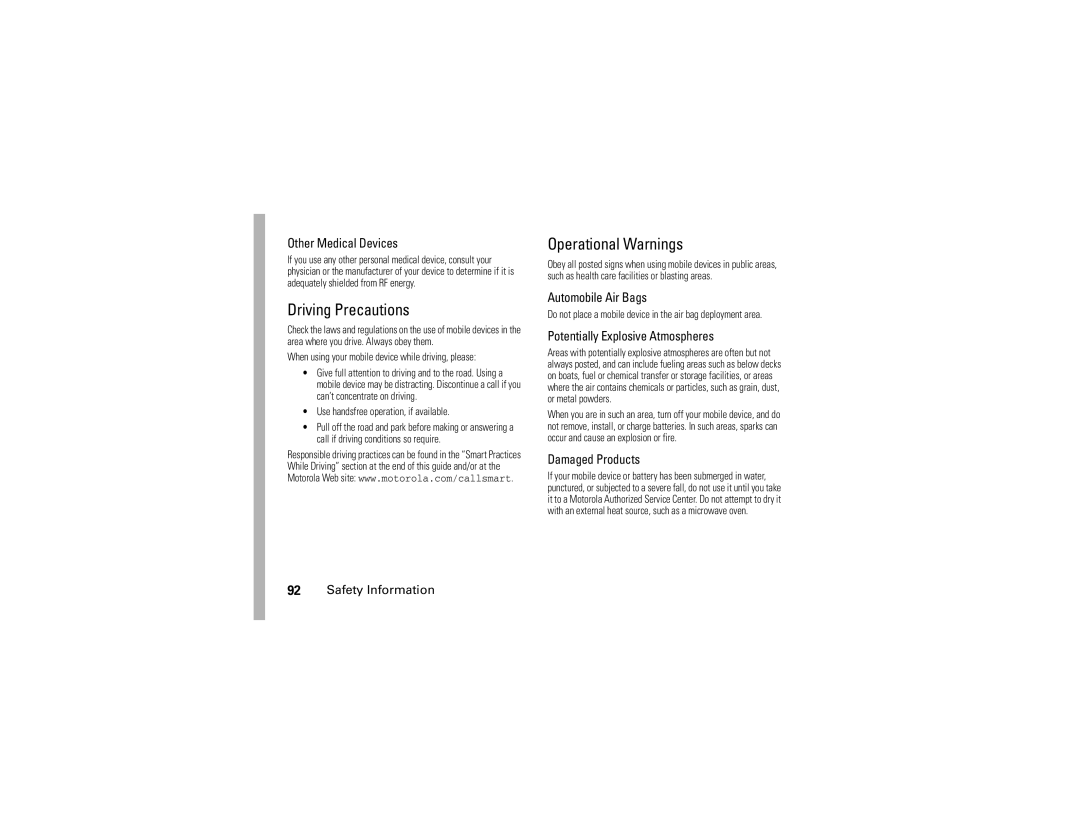 Motorola V3E manual Driving Precautions, Operational Warnings 