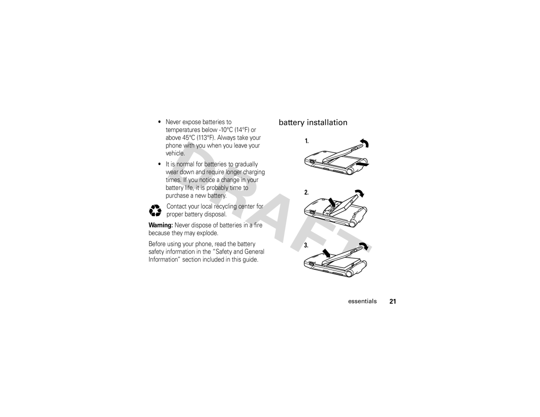 Motorola V3i GSM manual Battery installation, Phone with you when you leave your vehicle 