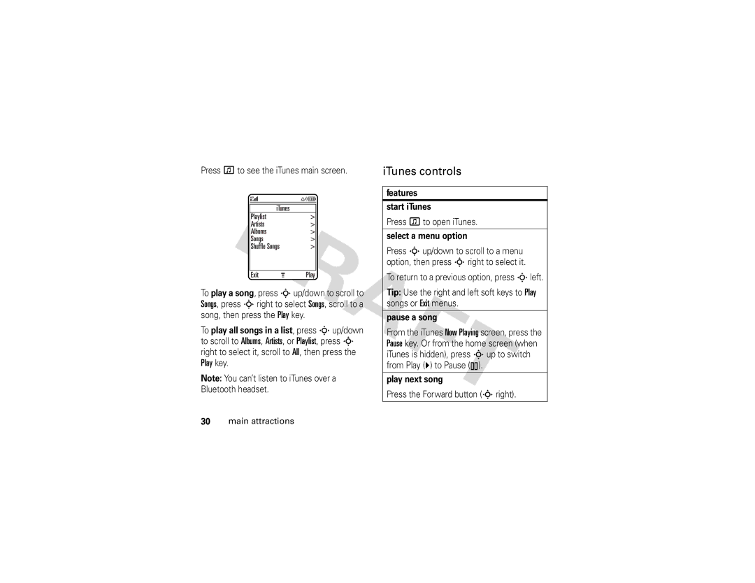 Motorola V3i GSM manual ITunes controls, Features Start iTunes, Select a menu option, Pause a song, Play next song 
