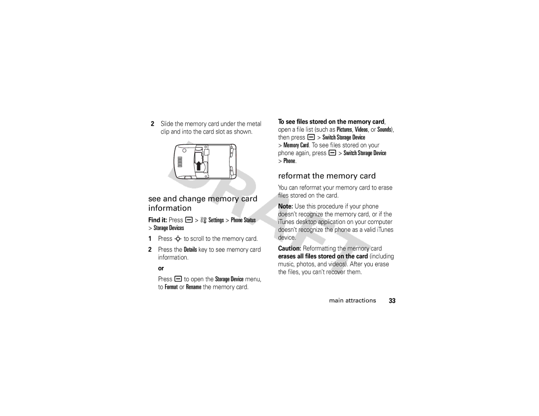 Motorola V3i GSM manual See and change memory card information, Reformat the memory card, Phone 