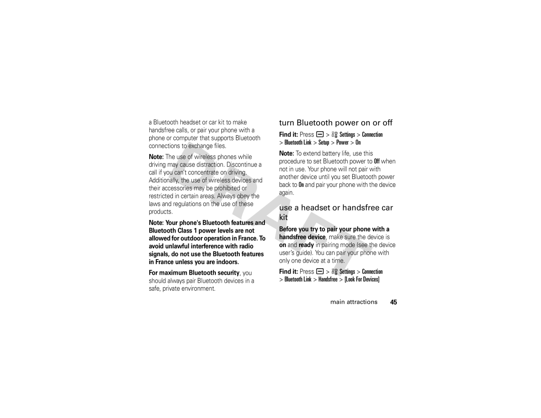 Motorola V3i GSM Turn Bluetooth power on or off, Use a headset or handsfree car kit, Find it Press a w Settings Connection 