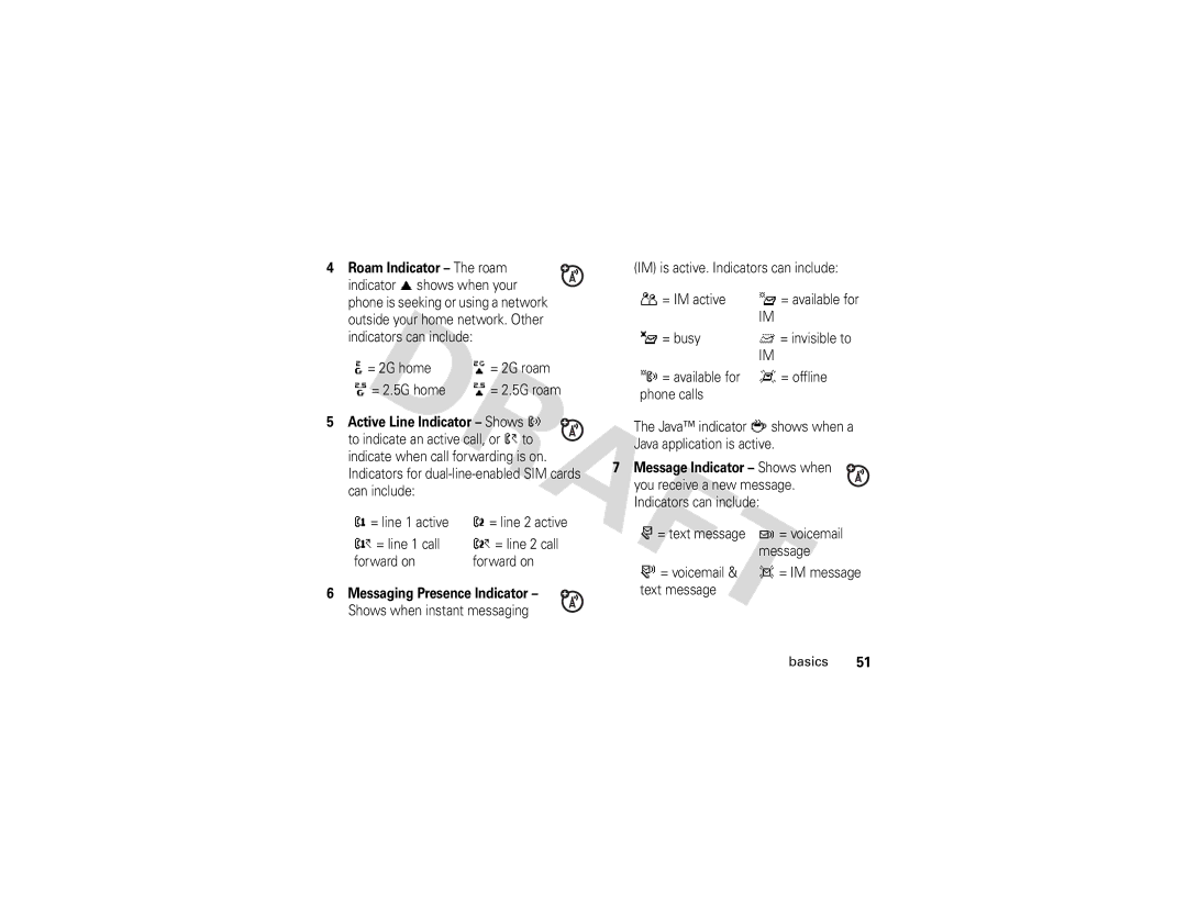 Motorola V3i GSM manual = 2G home = 2G roam = 2.5G home, Active Line Indicator Shows ?, Messaging Presence Indicator 
