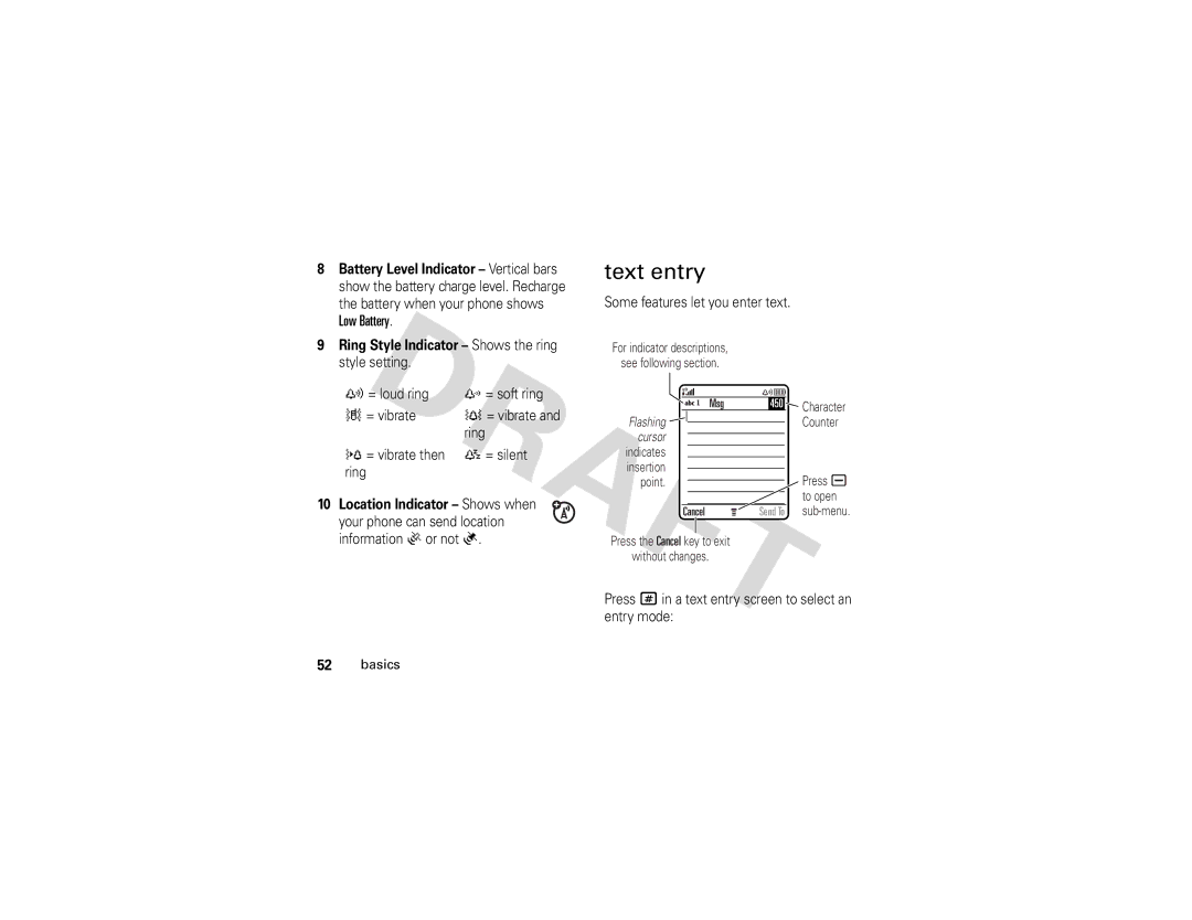 Motorola V3i GSM manual Text entry, Low Battery, Ring Style Indicator Shows the ring style setting 