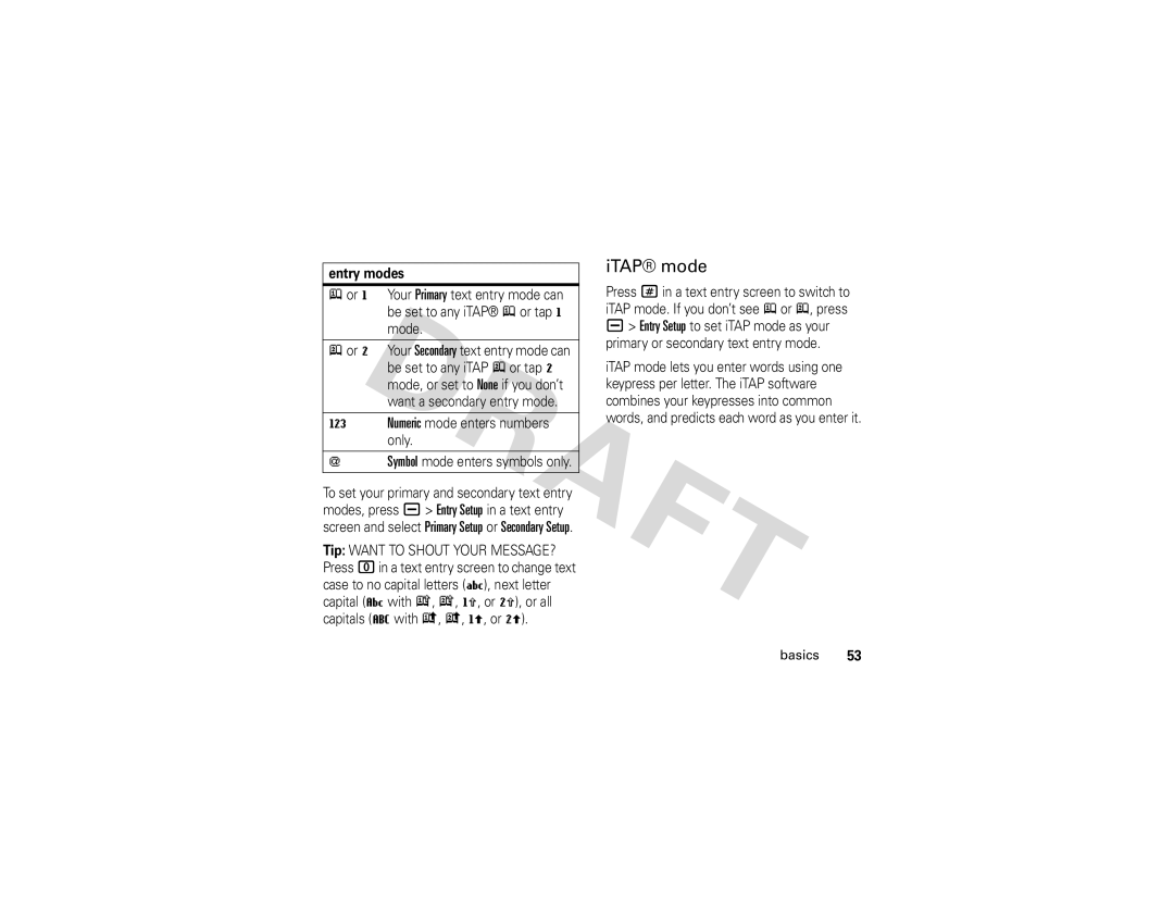 Motorola V3i GSM manual ITAP mode, Entry modes, Numeric mode enters numbers only 