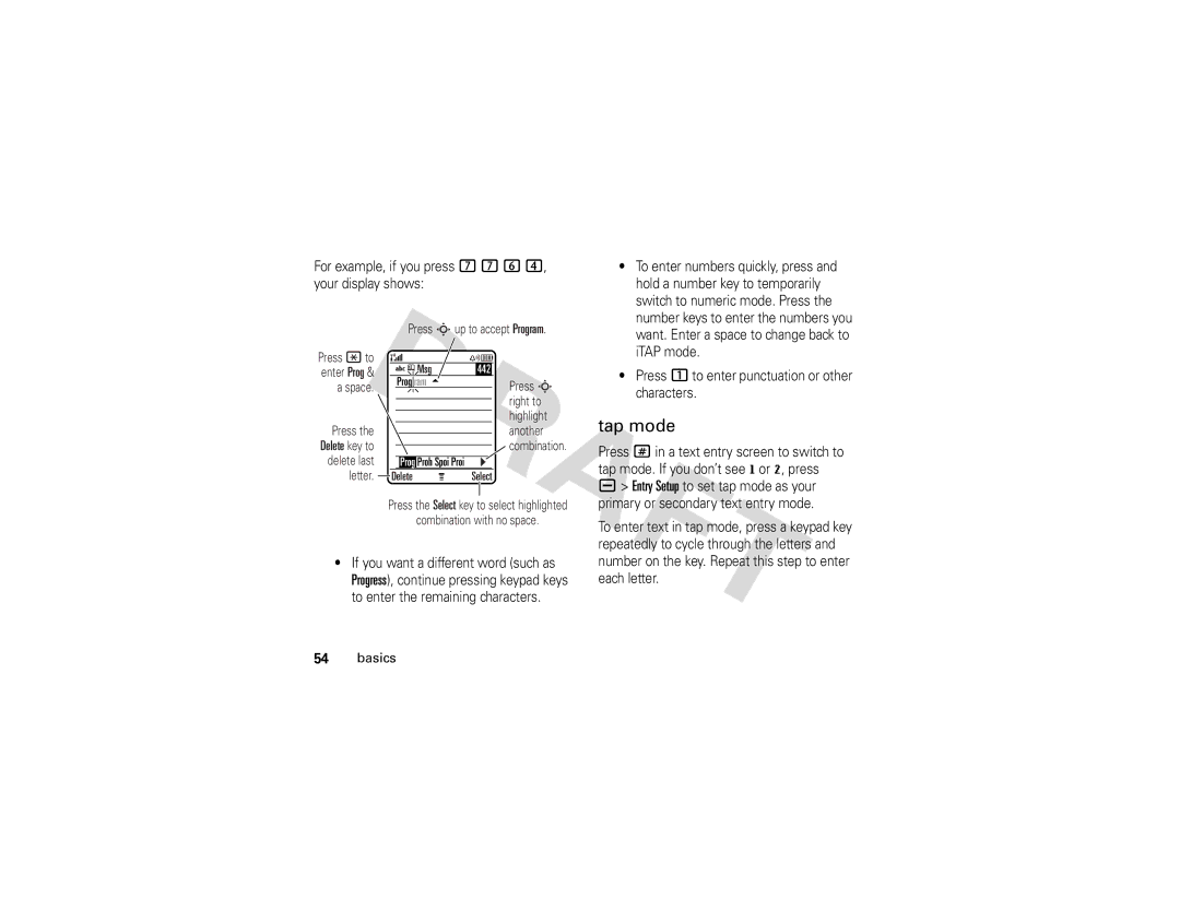 Motorola V3i GSM manual Tap mode, ITAP mode, Press 1to enter punctuation or other, Characters 