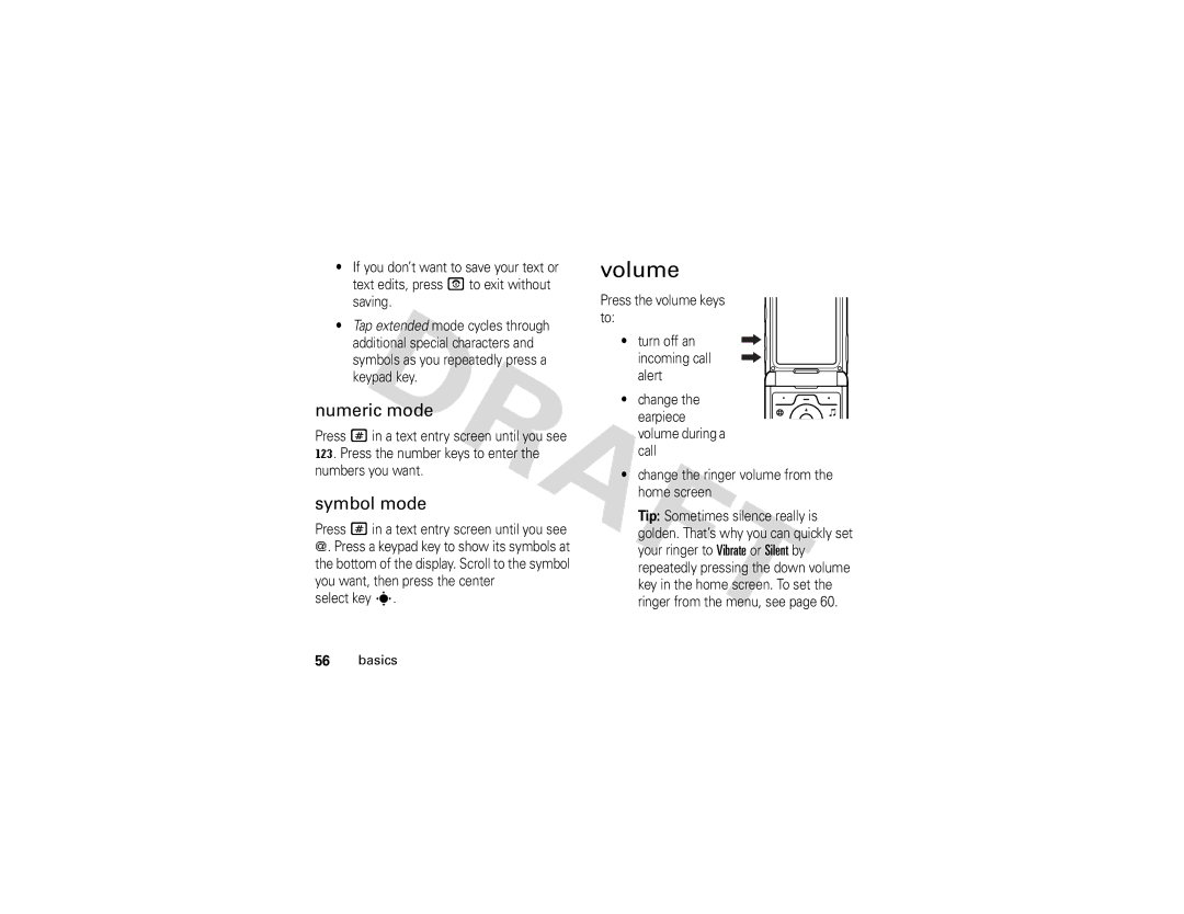 Motorola V3i GSM manual Volume, Numeric mode, Symbol mode 